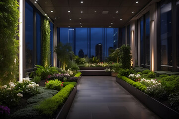 Garden in premium office building at night & dark time
