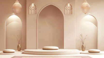 A clean, minimalist podium with subtle Islamic influences, embellished with stunning Ramadan Kareem decorations and bright tones, intended for showcasing products