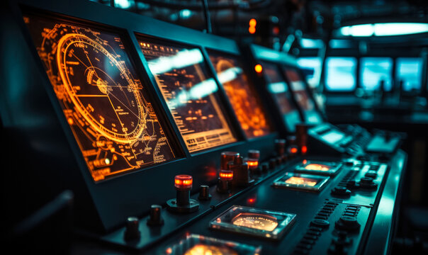 Advanced maritime navigation radar screen glowing in a dimly lit ship's bridge, highlighting the sophisticated technology used for marine travel