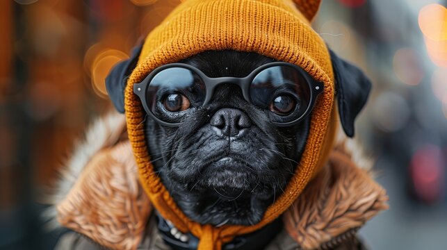a black pug dog in stylish yellow winter clothes