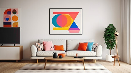 An inviting living room setup with a blank white empty frame, featuring a colorful, modern graphic design that adds a playful touch to the space.