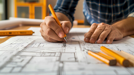 Fototapeta na wymiar Architect marking blueprints for home renovation project