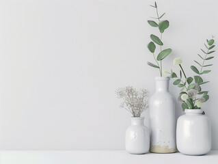 Three white ceramic vases with simple greenery
