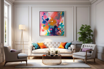 An inviting living room showcasing an empty white frame on a wall accented by a vibrant, abstract painting, surrounded by minimalist furniture and a sprinkle of colorful ornaments.