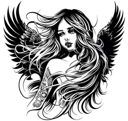 Drawing of a Beautiful Young Girl as an Angel with Long Flowing Hair