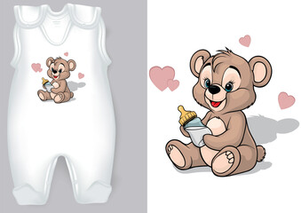 White Baby Rompers with a Cartoon Motif of a Teddy Bear - 752069932