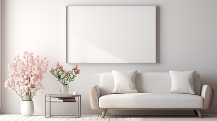 An inviting living room with a blank white empty frame, showcasing a simple, yet elegant, still-life photograph of fresh flowers.