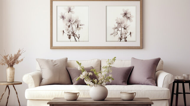 An inviting living room with a blank white empty frame, showcasing a simple, yet elegant, still-life photograph of fresh flowers.