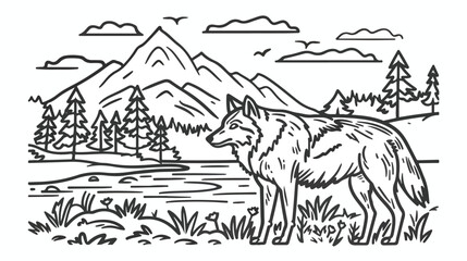 Mono line art vector of wolf near river.