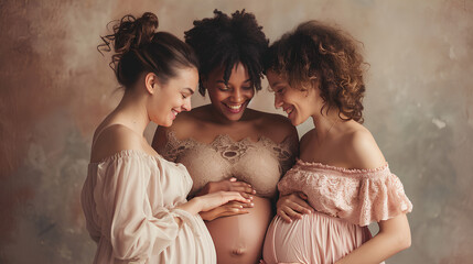 Pregnant mothers smiling at their their baby bumps in a studio
