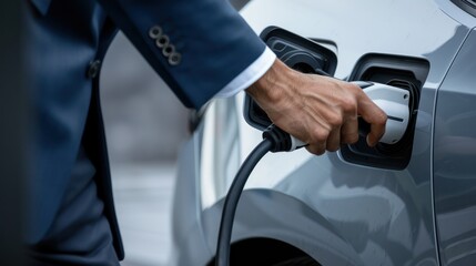 A close-up shot capturing a businessman plugging in an electric car charger to charge his vehicle.