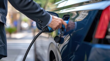 A close-up image of a businessman utilizing an electric car charger to charge his vehicle.