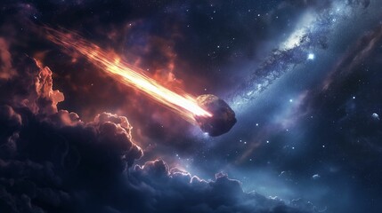 Obraz na płótnie Canvas A meteorite in space against the dark background of the starry sky.