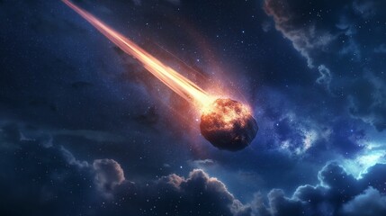 A meteorite in space against the dark background of the starry sky.