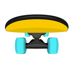 Shortboard skateboard type wood deck with blue PU wheels and metal trucks direct front view isolated on white vector illustration