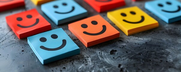 Smiling Face Stickers and Sticky Notes: A Symbol of Happiness and Good Mental Health. Concept Mental Health, Smiling Faces, Stickers, Sticky Notes, Happiness