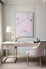 An inviting office space characterized by a serene ambiance, featuring a white frame against a backdrop of soft, harmonious colors, promoting a sense of tranquility.