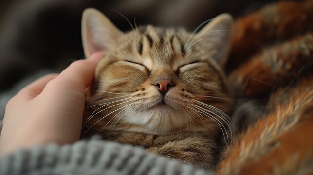 Contented Cat Enjoying Gentle Petting in Cozy Home Setting
