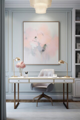 An office adorned with muted tones and subtle accents, where a solitary white frame on a pastel-colored wall exudes understated elegance and sophistication.