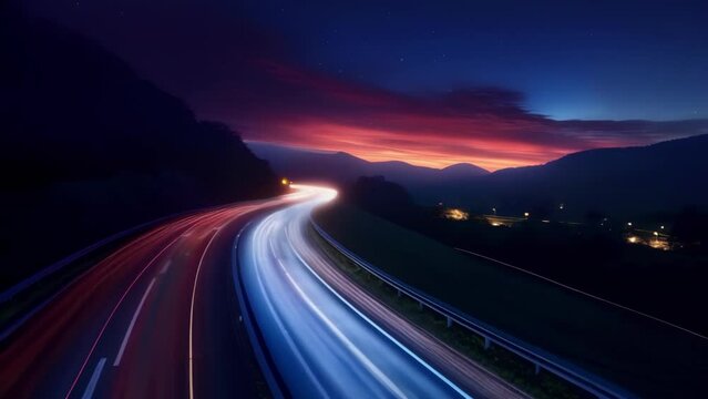 The long exposure shot captures the vibrant and intricate trails left behind by speeding cars resembling a stunning light show against the night sky.