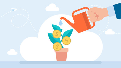 Man waters growing money plant seedling with coin flower. Planting and growing money in pot. Financial and investment growth. Planting money trees, business investment, growth. Flat illustration - Powered by Adobe