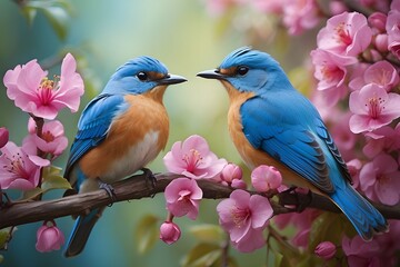 Capturing the Beauty of Nature with an Enchanting Blue Birds on a Branch Generative AI