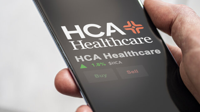 March 02nd 2024 Nashville, Tennessee. The logo of HCA Healthcare on the screen of an exchange. HCA Healthcare price stocks, $HCA on a device.
