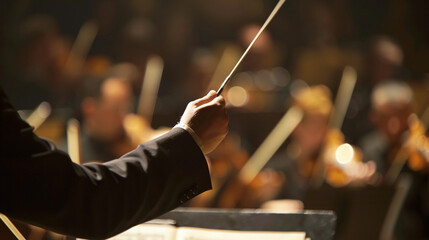 Fototapeta na wymiar Conductor with baton in front of an orchestra