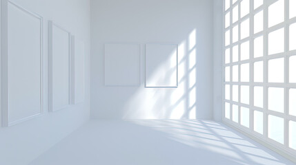 A room with white walls and windows, devoid of any furniture or decor. Natural light filters in through large windows, illuminating the empty space