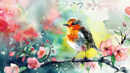 Watercolor painting depicting a bird sitting on a tree branch