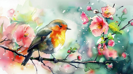 A painting depicting a colorful bird sitting on a branch surrounded by blooming flowers