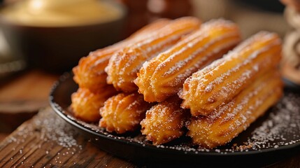 Crispy Churros Sprinkled With Sugar, Served On A Dark Plate. Warm Soft Focus Background. Mexican and Latin American Cuisine. Cinco de Mayo Celebration. AI Generated