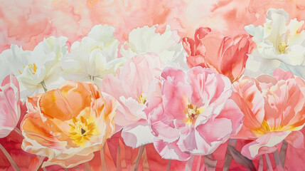 A painting featuring pink and white flowers against a pink background