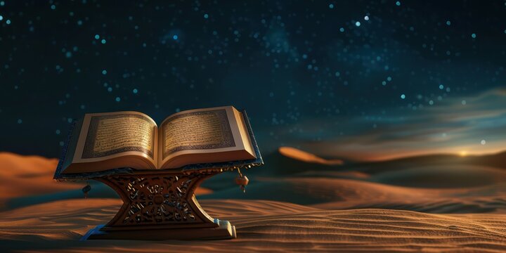 Ramadan Kareem banner concept featuring an open Quran in the desert at nighttime, symbolizing spirituality and reflection
