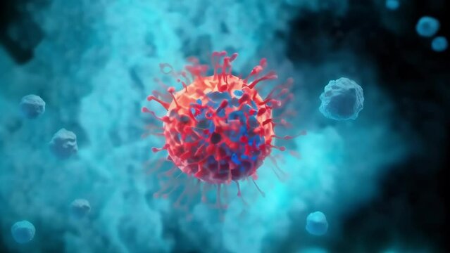 scientific breakthrough in cancer treatment is with 3D printed model showing nanoparticle attacking cancer cell. The nanoparticle is designed to selectively target tumor cells,