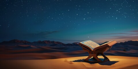 A Ramadan Kareem banner idea showcasing an open Quran in the desert under the night sky, evoking a sense of serenity and devotion.