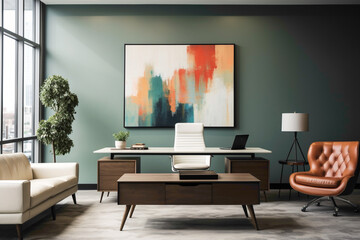 An office environment showcasing a minimalist design with subtle touches of color in the form of accent furniture and decorative wall art.