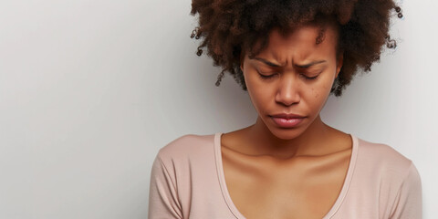 Studio portrait of sad young black girl with migraine headache, gray background