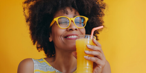 Studio portrait of happy black woman wearing glasses and holding glass of healthy fresh squeezed orange juice drink, yellow background - obrazy, fototapety, plakaty