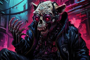 Immerse yourself in the vibrant chaos of a cyberpunk dystopia as a grotesque zombie, headphones intact, navigates the neon-lit streets, embodying a unique blend of horror and urban art. - obrazy, fototapety, plakaty
