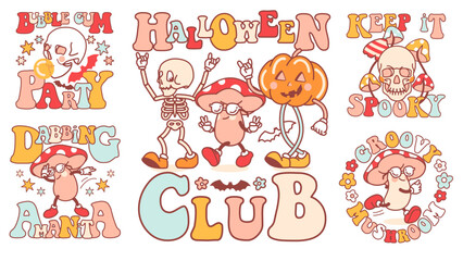 Spooky Halloween collection. Funny t shirt prints, badges, stickers with hippy mascots and phrases. Funky pumpkin, cute mushroom and cool skeleton. Isolated vector design. Retro hippy vibe.