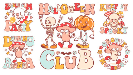 Fototapeta premium Spooky Halloween collection. Funny t shirt prints, badges, stickers with hippy mascots and phrases. Funky pumpkin, cute mushroom and cool skeleton. Isolated vector design. Retro hippy vibe.