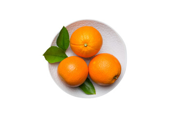 Flat lay of Fresh orange fruit with sliced in plate isolated on white background. Top view with copy space