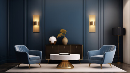 Luxurious Living Room with Royal Blue Armchairs and Gold Coffee Table