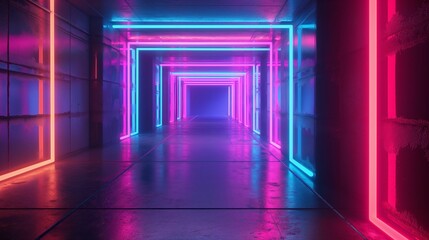 Abstract corridor or tunnel in vibrant neon light.
