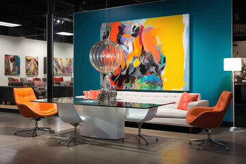 An office interior boasting a clean, monochromatic color scheme, enlivened by splashes of lively colors in statement furniture pieces and artwork.