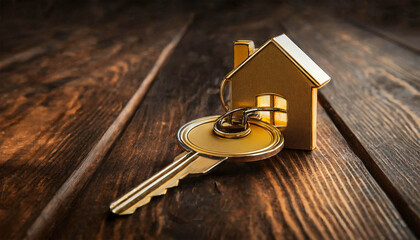 Extreme close-up of a house key with golden house shaped keychain on wooden background with copy space. Generative Ai.
