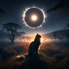 A regal cat sits in contemplation, watching a stunning solar eclipse unfold in a mystical, mist-covered landscape, creating a serene and awe-inspiring scene perfect for any celestial-themed project. - obrazy, fototapety, plakaty