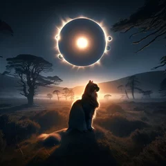 Fotobehang A regal cat sits in contemplation, watching a stunning solar eclipse unfold in a mystical, mist-covered landscape, creating a serene and awe-inspiring scene perfect for any celestial-themed project. © Puttharak