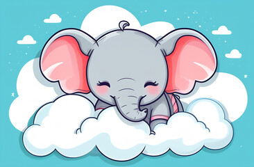 Cute baby elephant sleep on the cloud. Use for Happy birthday invitation card, T-shirt print, baby...